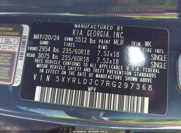 5XYRLDJC7RG297368 2024 KIA SORENTO Blue Vista del compartimento del motor