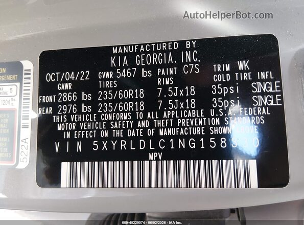 5XYRLDLC1NG158330 2022 KIA SORENTO Gray Widok komory silnika