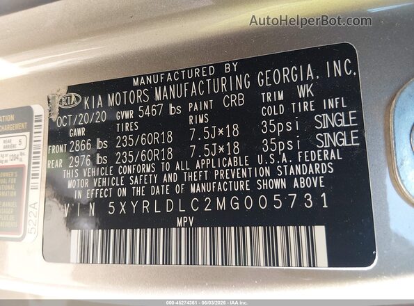 5XYRLDLC2MG005731 2021 KIA SORENTO Gold Вид підкапотного простору
