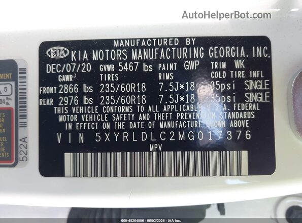 5XYRLDLC2MG017376 2021 KIA SORENTO White Շարժիչի բաժամունքի տեսք