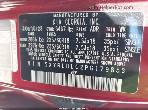 5XYRLDLC2PG179853 2023 KIA SORENTO Burgundy Вид підкапотного простору