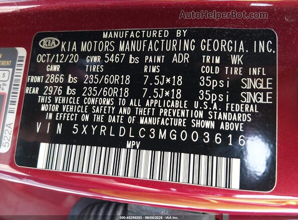 5XYRLDLC3MG003616 2021 KIA SORENTO Red Widok komory silnika