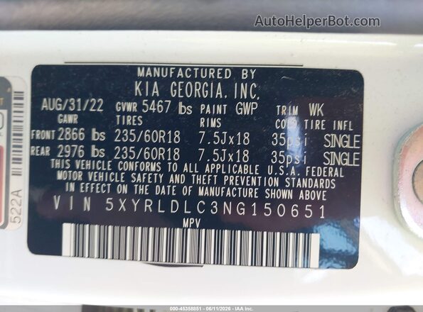 5XYRLDLC3NG150651 2022 KIA SORENTO White Vista del compartimento del motor