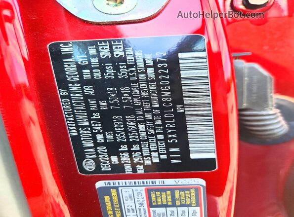 5XYRLDLC8MG022372 2021 KIA SORENTO Red VIN კოდის სტიკერის ხედი