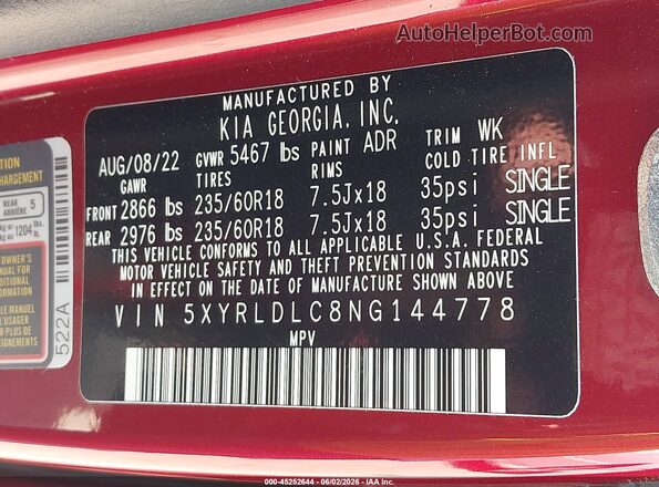 5XYRLDLC8NG144778 2022 KIA SORENTO Red Widok komory silnika