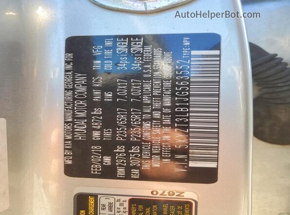 5XYZT3LB1JG563552 2018 HYUNDAI SANTA Silver VIN կոդի պիտակի տեսք