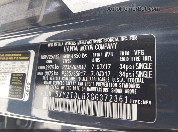 5XYZT3LB2GG372361 2016 HYUNDAI SANTA FE SPORT Blue Vista del compartimento del motor