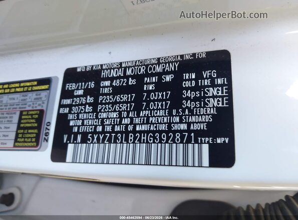 5XYZT3LB2HG392871 2017 HYUNDAI SANTA FE SPORT White Շարժիչի բաժամունքի տեսք