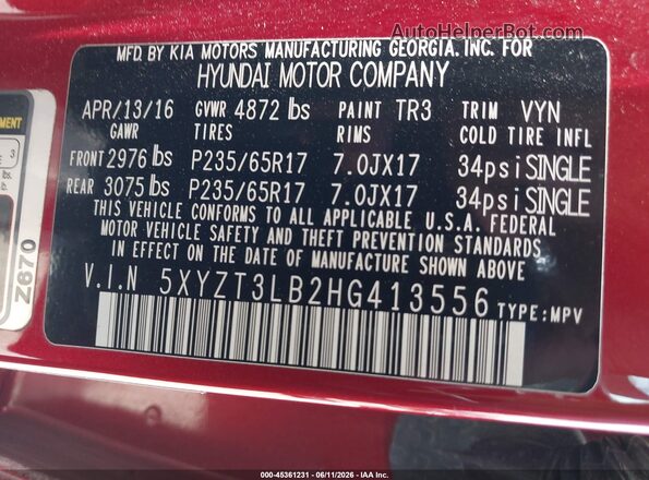 5XYZT3LB2HG413556 2017 HYUNDAI SANTA FE SPORT Темно-бордовый Вид подкапотного пространства