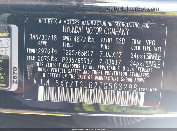 5XYZT3LB2JG563298 2018 HYUNDAI SANTA FE SPORT Black Շարժիչի բաժամունքի տեսք