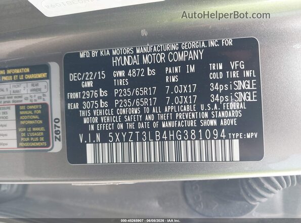 5XYZT3LB4HG381094 2017 HYUNDAI SANTA FE SPORT Gray Vista del compartimento del motor