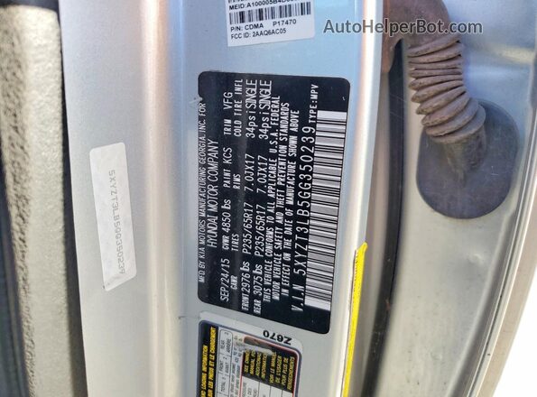 5XYZT3LB5GG350239 2016 HYUNDAI SANTA Silver VIN sticker view