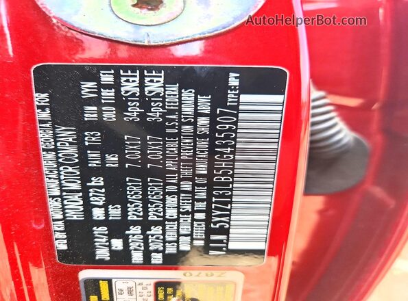 5XYZT3LB5HG435907 2017 HYUNDAI SANTA Красный Вид наклейки с VIN-кодом