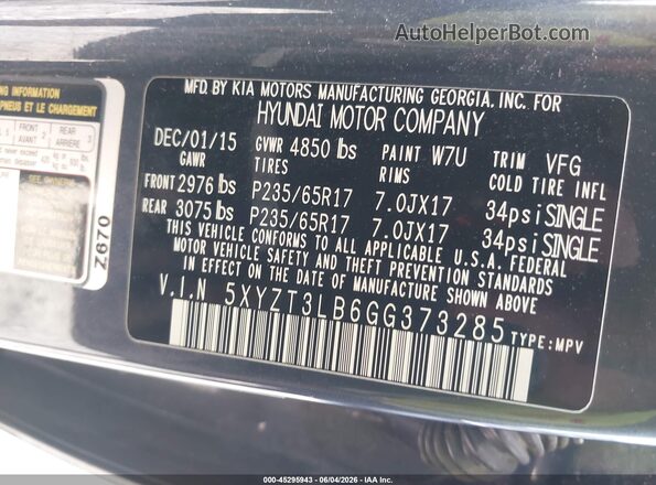 5XYZT3LB6GG373285 2016 HYUNDAI SANTA FE SPORT Blue Vista del compartimento del motor