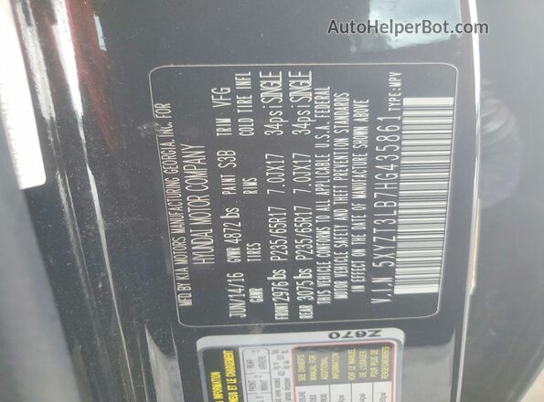 5XYZT3LB7HG435861 2017 HYUNDAI SANTA Black VIN კოდის სტიკერის ხედი