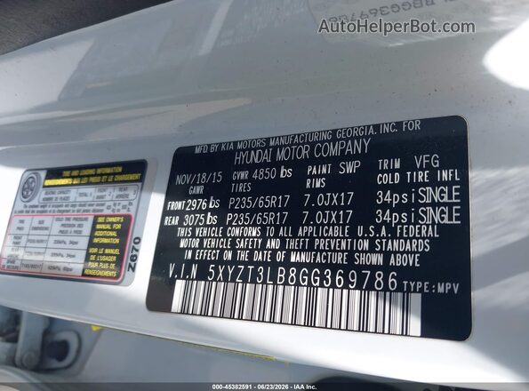 5XYZT3LB8GG369786 2016 HYUNDAI SANTA FE SPORT White ძრავის განყოფილების ხედი