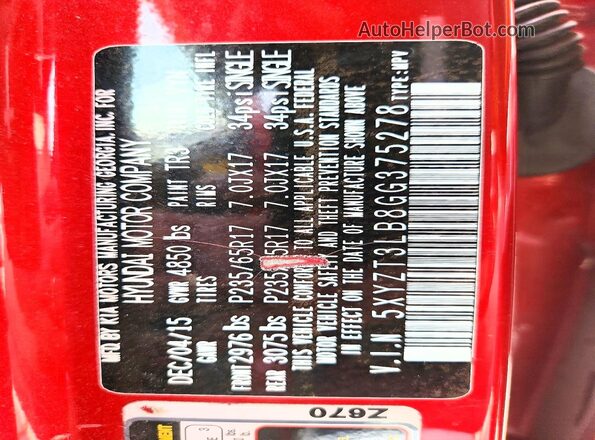 5XYZT3LB8GG375278 2016 HYUNDAI SANTA Red VIN կոդի պիտակի տեսք