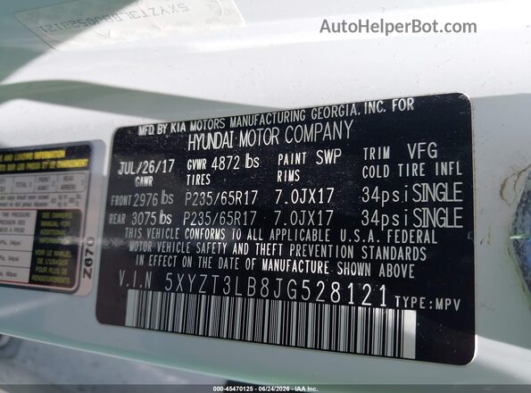 5XYZT3LB8JG528121 2018 HYUNDAI SANTA FE SPORT White Вид підкапотного простору