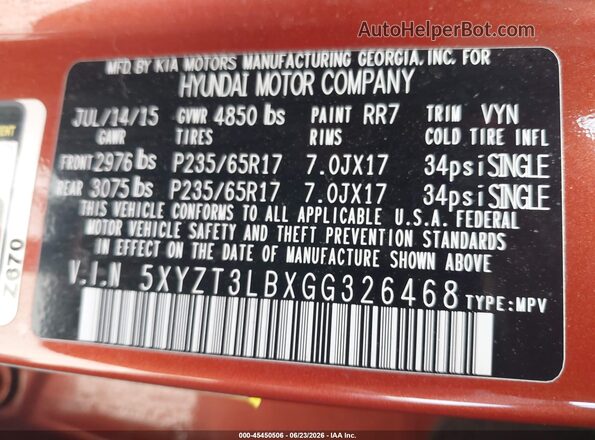5XYZT3LBXGG326468 2016 HYUNDAI SANTA FE SPORT Оранжевый Вид подкапотного пространства