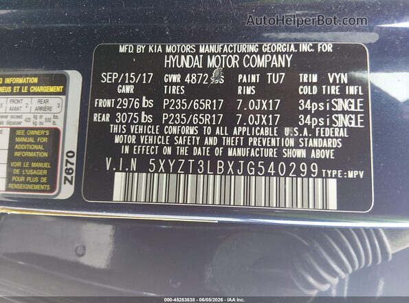 5XYZT3LBXJG540299 2018 HYUNDAI SANTA FE SPORT Blue Вид підкапотного простору