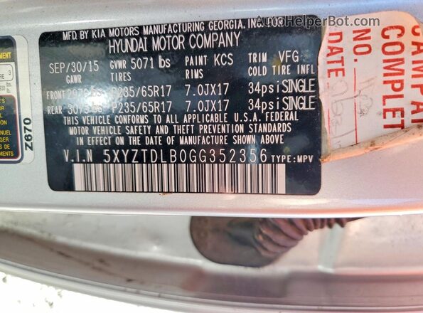 5XYZTDLB0GG352356 2016 HYUNDAI SANTA Silver Widok naklejki z numerem VIN