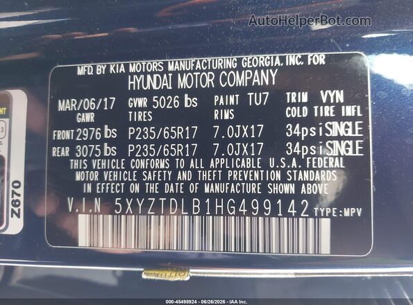 5XYZTDLB1HG499142 2017 HYUNDAI SANTA FE SPORT Dark Blue ძრავის განყოფილების ხედი