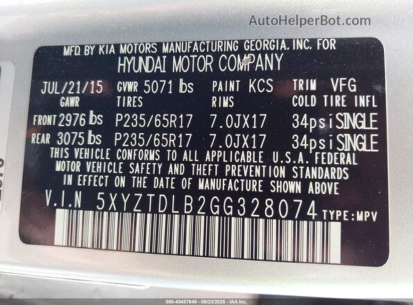 5XYZTDLB2GG328074 2016 HYUNDAI SANTA FE SPORT Silver Vista del compartimento del motor