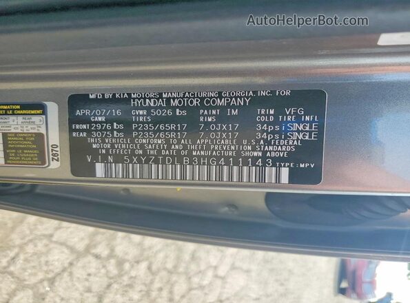5XYZTDLB3HG411143 2017 HYUNDAI SANTA Gray 