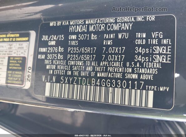 5XYZTDLB4GG330117 2016 HYUNDAI SANTA FE SPORT Blue Vista del compartimento del motor