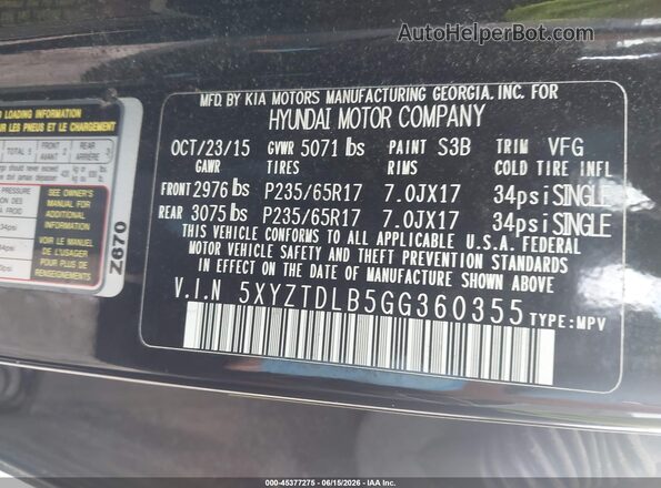5XYZTDLB5GG360355 2016 HYUNDAI SANTA FE SPORT Black Вид підкапотного простору