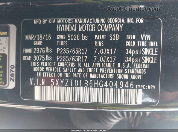 5XYZTDLB6HG404946 2017 HYUNDAI SANTA FE SPORT Черный Вид подкапотного пространства