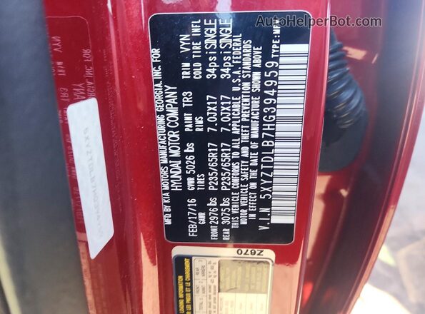 5XYZTDLB7HG394959 2017 HYUNDAI SANTA Red 