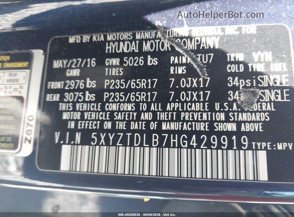 5XYZTDLB7HG429919 2017 HYUNDAI SANTA FE SPORT Blue Շարժիչի բաժամունքի տեսք