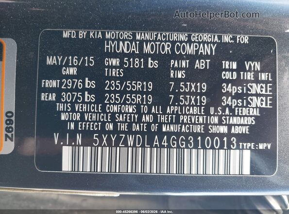 5XYZTDLB8GG321436 2016 HYUNDAI SANTA FE SPORT Gray Вид підкапотного простору