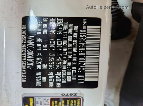 5XYZTDLB8HG438810 2017 HYUNDAI SANTA White 