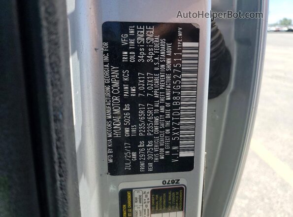 5XYZTDLB8JG527511 2018 HYUNDAI SANTA Silver Vista de la etiqueta del VIN