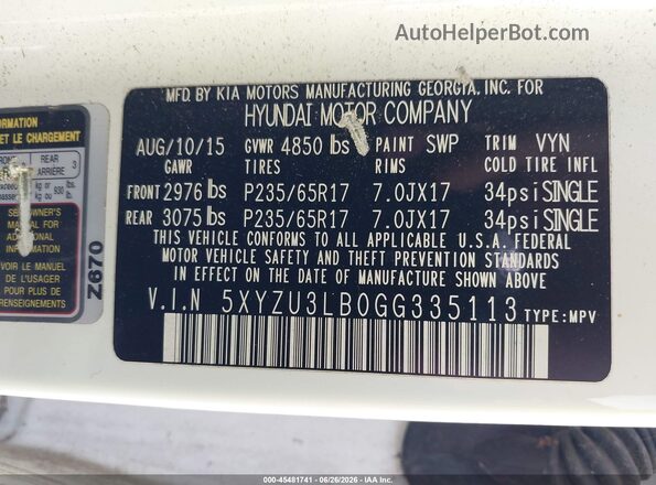 5XYZU3LB0GG335113 2016 HYUNDAI SANTA FE SPORT Белый Вид подкапотного пространства