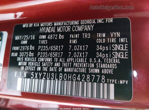 5XYZU3LB0HG428778 2017 HYUNDAI SANTA FE SPORT Red Widok komory silnika