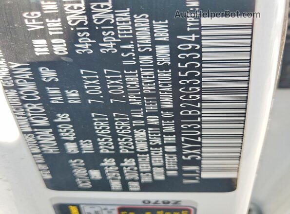 5XYZU3LB2GG355394 2016 HYUNDAI SANTA White VIN კოდის სტიკერის ხედი