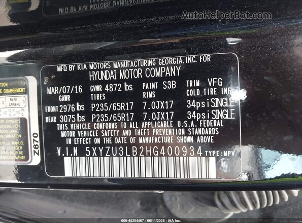5XYZU3LB2HG400934 2017 HYUNDAI SANTA FE SPORT Черный Вид подкапотного пространства