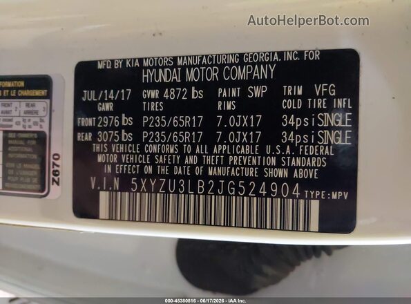 5XYZU3LB2JG524904 2018 HYUNDAI SANTA FE SPORT Белый Вид подкапотного пространства