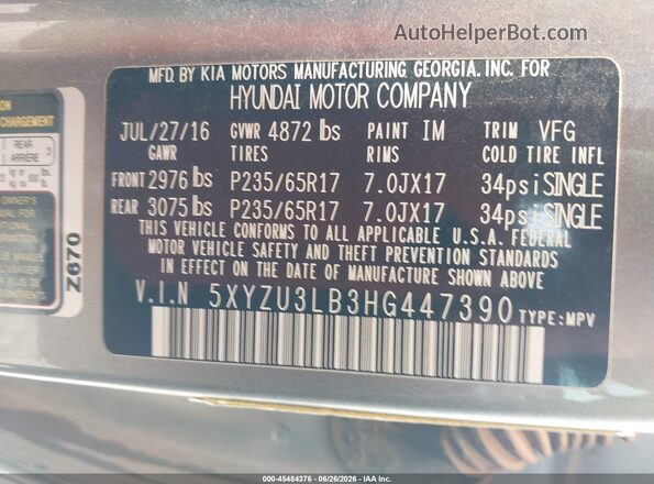 5XYZU3LB3HG447390 2017 HYUNDAI SANTA FE SPORT Gray Widok komory silnika