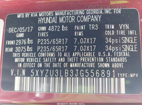 5XYZU3LB3JG556891 2018 HYUNDAI SANTA FE SPORT Red Շարժիչի բաժամունքի տեսք