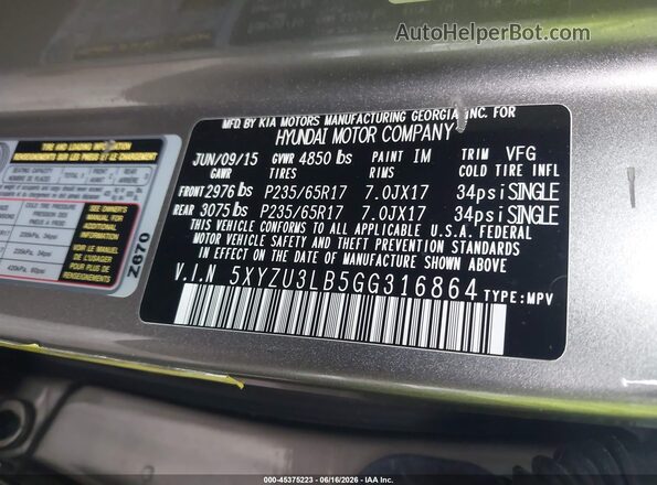 5XYZU3LB5GG316864 2016 HYUNDAI SANTA FE SPORT Gray Вид підкапотного простору