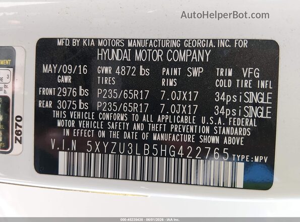 5XYZU3LB5HG422765 2017 HYUNDAI SANTA FE SPORT White ძრავის განყოფილების ხედი