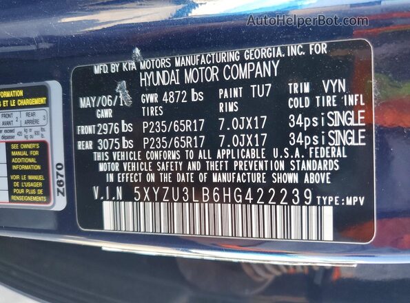 5XYZU3LB6HG422239 2017 HYUNDAI SANTA Blue Vista de la etiqueta del VIN