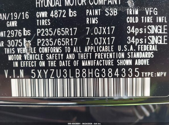 5XYZU3LB8HG384335 2017 HYUNDAI SANTA FE SPORT Черный Вид подкапотного пространства