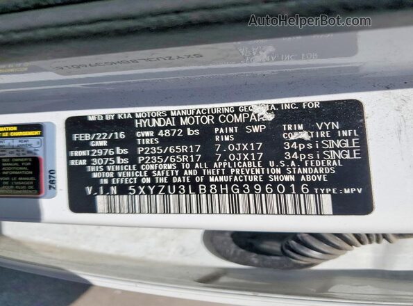 5XYZU3LB8HG396016 2017 HYUNDAI SANTA White VIN კოდის სტიკერის ხედი
