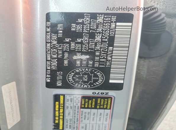 5XYZUDLA5GG366161 2016 HYUNDAI SANTA Silver Widok naklejki z numerem VIN