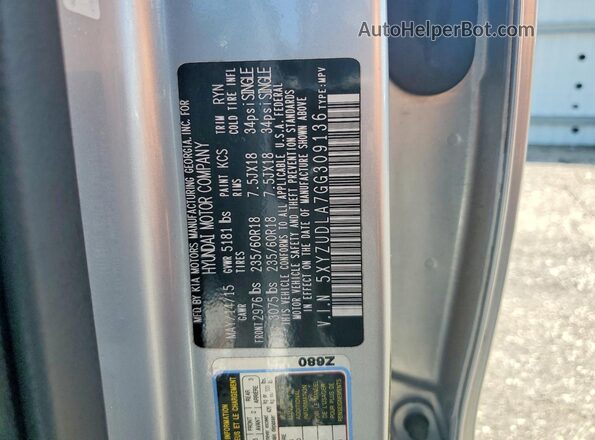 5XYZUDLA7GG309136 2016 HYUNDAI SANTA Silver Vista de la etiqueta del VIN